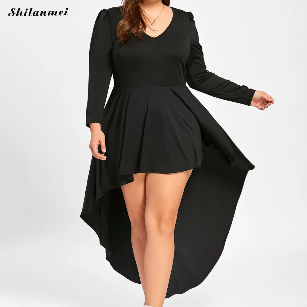 

Summer Long Sleeve High Low Dresses Elegant Front Short Back Long Puffy Party Dress Fashion Black Women Oversize Dress Plus 5xl