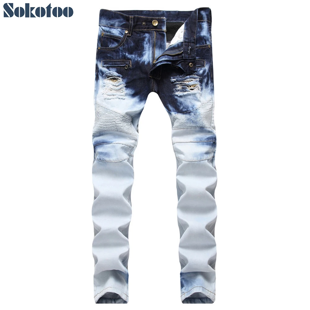 

Sokotoo Men's blue white tie and dye slim fit stretch cotton denim biker jeans for moto Hole ripped pants
