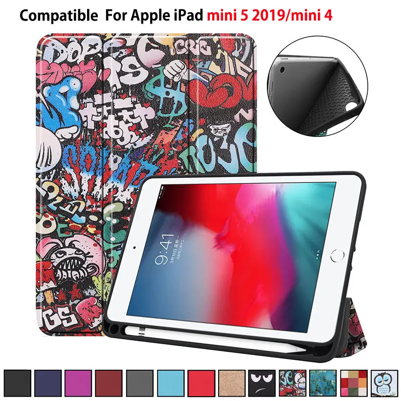 

Case For iPad mini 4 mini5 mini 5 2019 7.9" Smart Cover Funda With Pencil Holder Silicone PU Leather Protective Stand Coque+gift