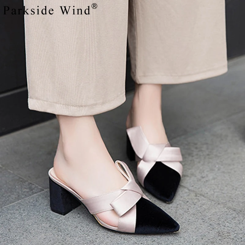 Parkside Wind Women Slippers Cover Toe Mid Heel Elegant Mule Shoes