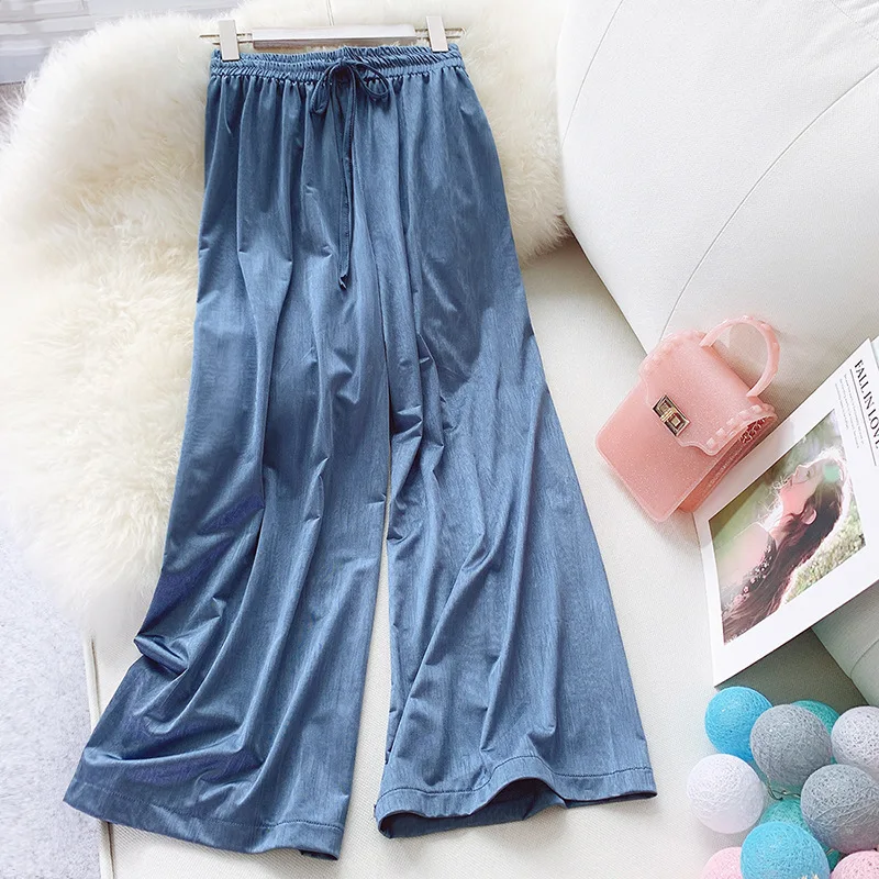 

Wasteheart New Spring Women Fashion Blue Green Long Loose Pants Wide Leg Pants High Waist Full Length Female Pants