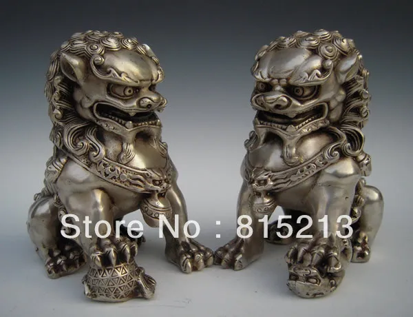 

wang 000245 Pair Old Chinese Silver Bronze Fu Foo Dog Guardian lion Statue