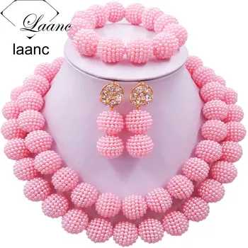 

Laanc Fashion Baby Pink Jewelry Sets Nigerian Beaded Simulated Pearl Necklace Costume African Wedding Beads Jewelry Set 2RZD016