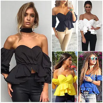 

New Fashion Women's Clothing Sexy Off Shoulder Ruffles Crop Tops Summer Loose Shirts shirt Ladies Blouse