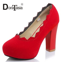 DoraTasia Big Size 33-43 Sexy Women Square High Heels Party Wedding Shoes Round Toe Platform Pumps Red Black Apricot