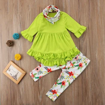 

Toddler Child Kids Baby Girls Clothes Set Tops Dres T-shirt+Floral Pants+Scarf Outfits Set