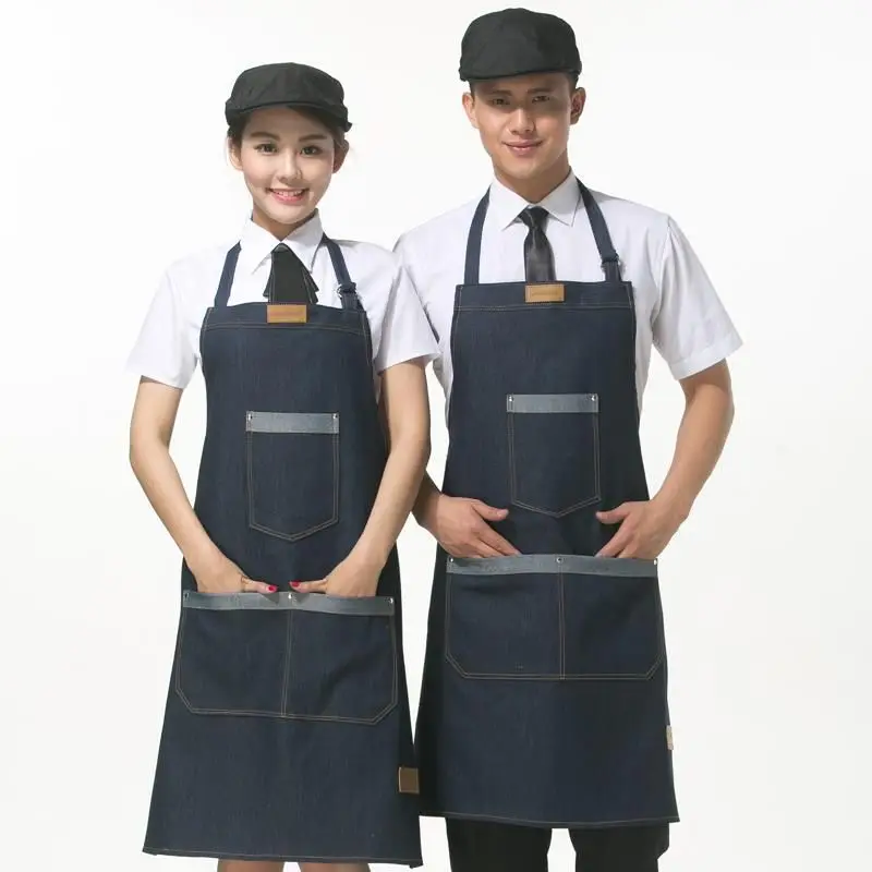 

Vintage Jeans Aprons Denim Simple Uniform for Unisex Adult Coffee Tea shop Work aprons with 3 Pockets Kitchen Cooking Pinafores