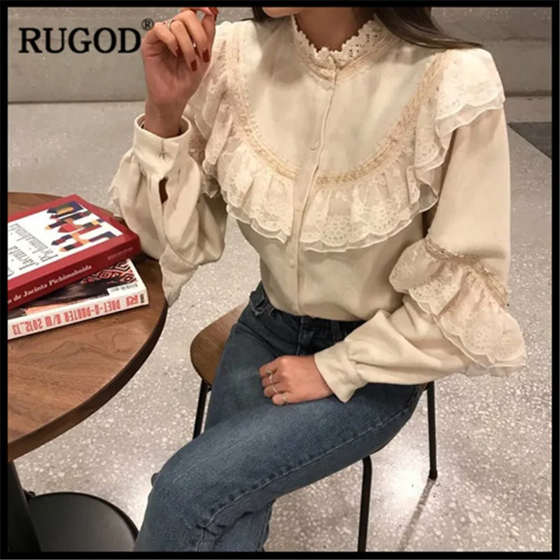 RUGOD с воротником с кружевом и оборками, женская блузка, пэчворк в Корейском стиле элегантные длинные рукава женские офисные рубашки для мальчиков модные топы и блузки blusas mujer