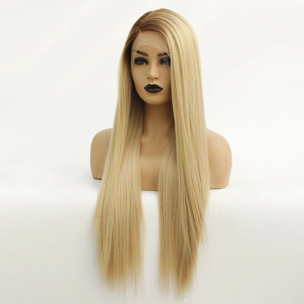 Brown Ombre Blonde Synthetic Lace Front Straight Wig Side Part-5