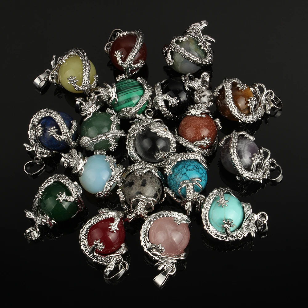 

YYW 16MM Natural Stone Pendant Rose Crystal Pink Quartz Agata Lapis Lazuli Opal Moonstone DIY Round Bead Dragon Stone Pendants