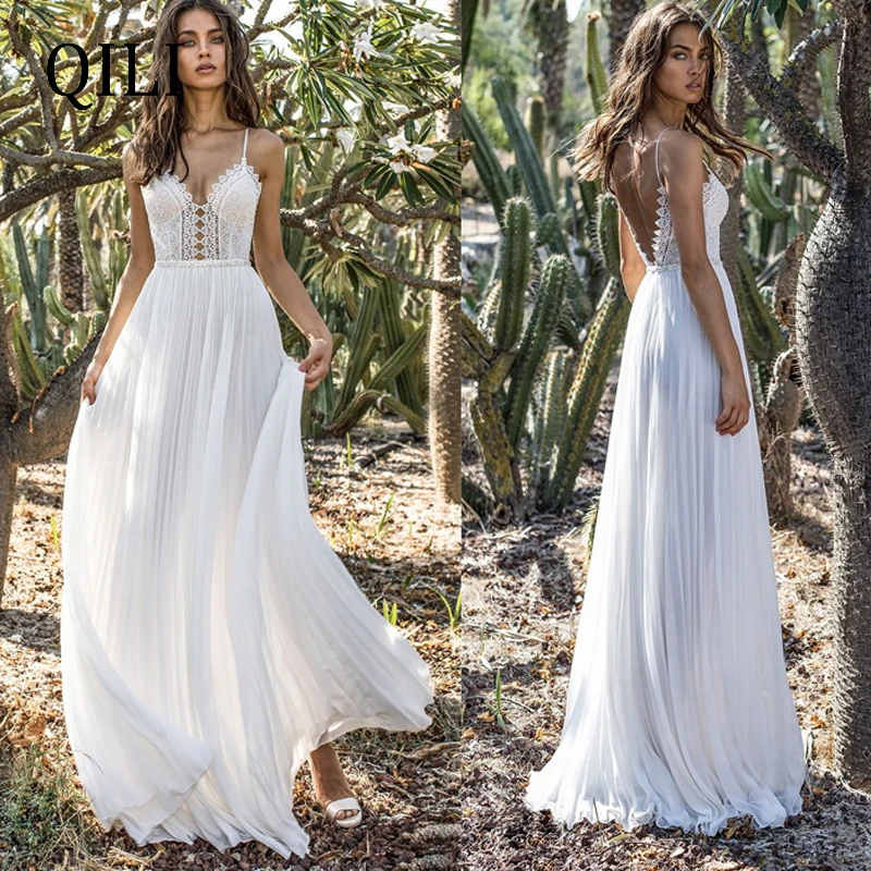 

QILI Women Summer White Long Maxi Dress Lace Patchwork Hollow Out Sexy V neck Strap Dresses Evening Party Club Dress