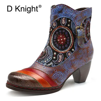 

D Knight Brand Bohemian Ankle Boots Women Shoes Genuine Leather Printed Zip High Heels Ladies Shoes Spain Women Boots Large Size