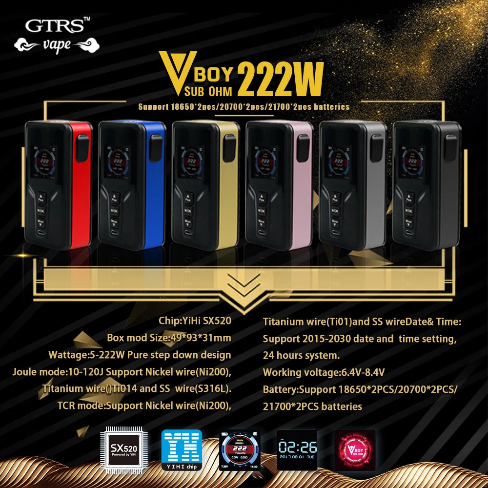

Original GTRS VBOY 222W 20700 TC Box MOD with SX520 Chip & 222W Max Output & Full Color Display E-cig Vape Mod No Battery