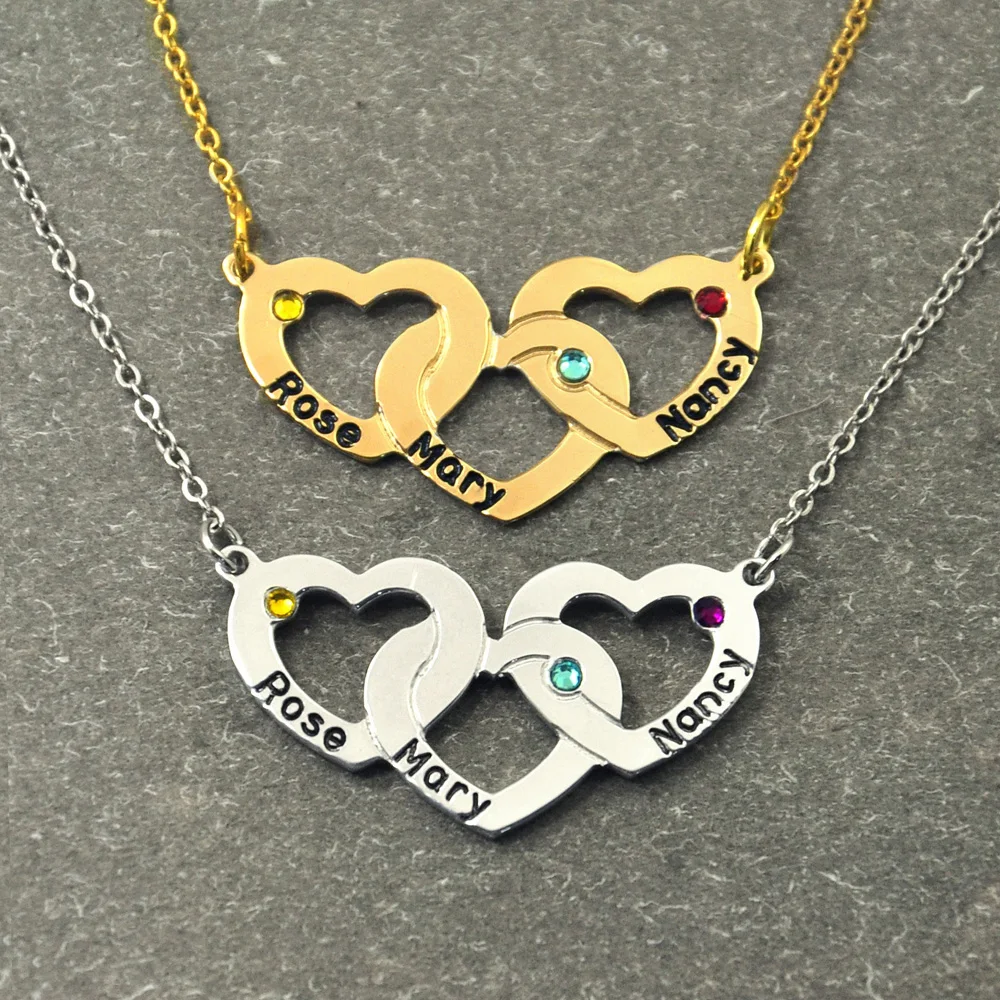 Personalized Love Pendant Heart Necklace with Birthstone,Customized Name Triple Heart Necklace