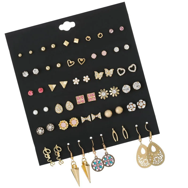 

30 Pairs/set Fashion Heart Spike Hexagon Square Geometric Small Earrings For Women Crystal Rhinestone Stud Earrings Set Jewelry