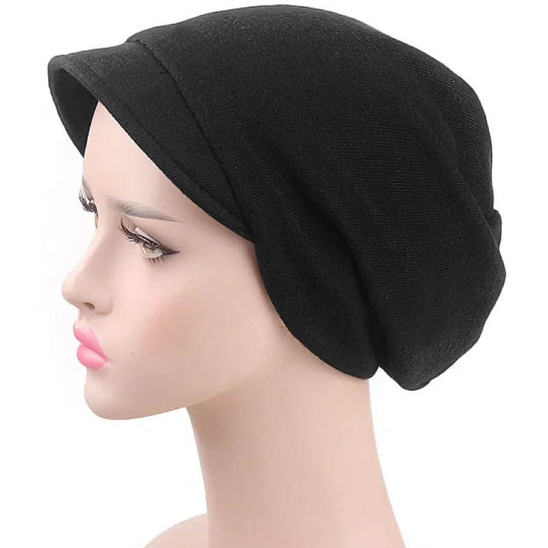 

Womens Windproof Beanie Cap With Brim Female Skullies Beanies Turban Chemo Hat Beret Winter Hair Accessories Solid Color