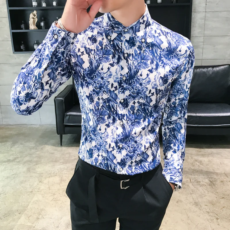 

British Style Men Shirt Fashion 2018 Autumn Print Slim Fit Men's Social Shirts Dress Long Sleeve Night Club Party/Prom Tuxedo
