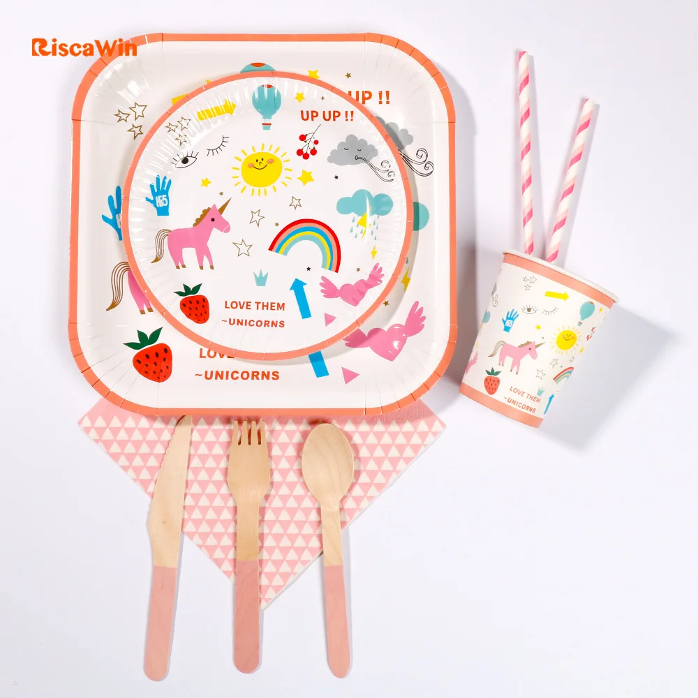 

10pcs Lovely Unicorn Kids Birthday Wedding Party Supplies Paper Party Plates/Cups/Straws Disposable Tableware Baby Shower Favors