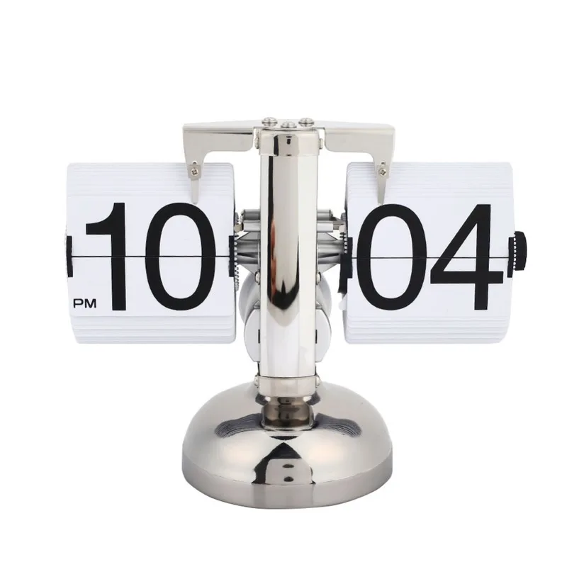 Small Scale Table Clock Retro Auto Flip Over Clock Stainless Steel Flip Internal Gear Operated Quartz Desk Clock Home Decor