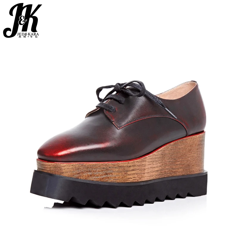 

J&K 2017 Big Size 33-42 Brand Genuine Leather Women Shoes Fashion Lace up Pumps Shoes Woman Casual Wedges Think Platform Shoes