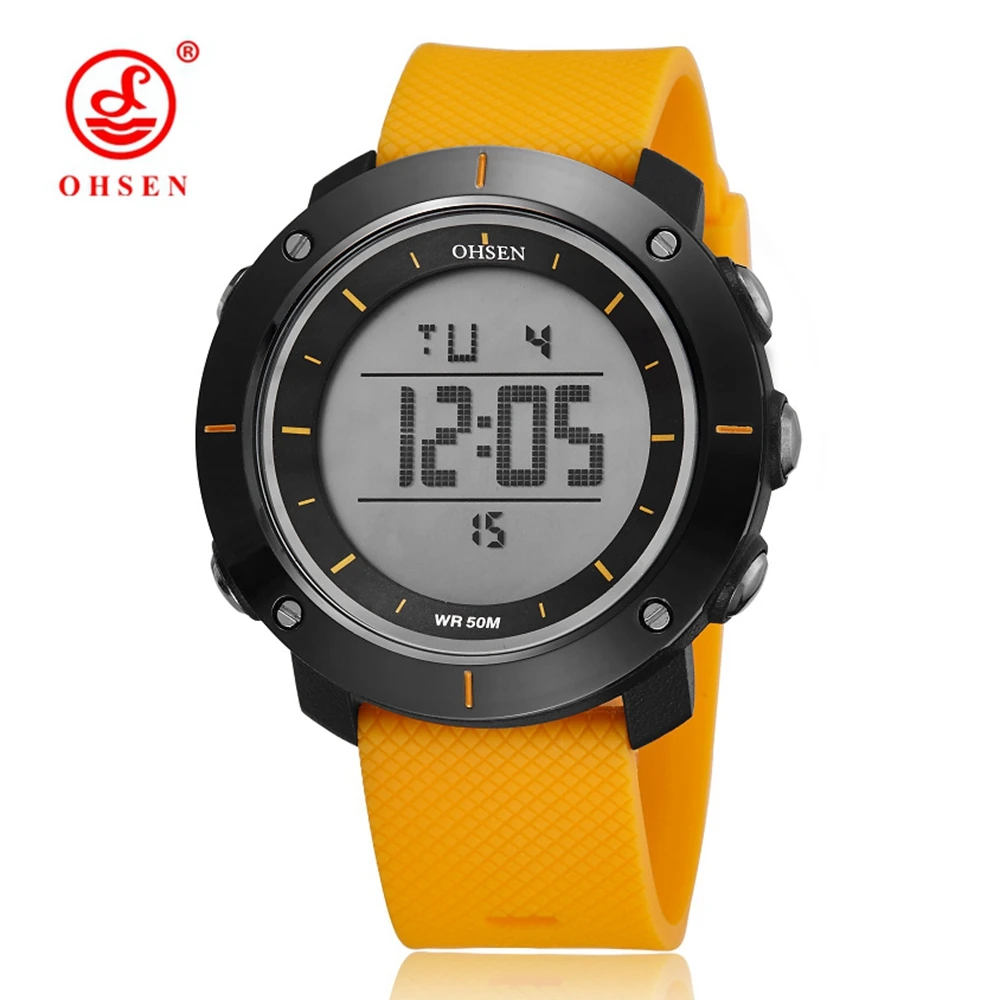

2016 OHSEN brand digital LCD Men Boys Fashion Wristwatch Rubber strap 50M Waterproof Yellow Sport Army Watches Alarm Hand Clocks