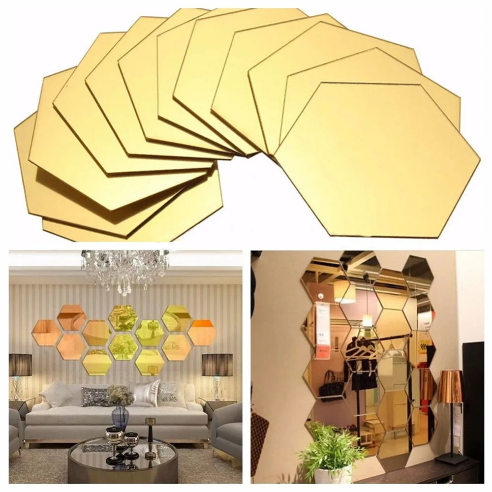12pcs/set Hexagonal 3D Mirror Wall Sticker Restaurant Aisle Floor Hand-Painted Decorative Mirror Stickers for Living Room Wall
