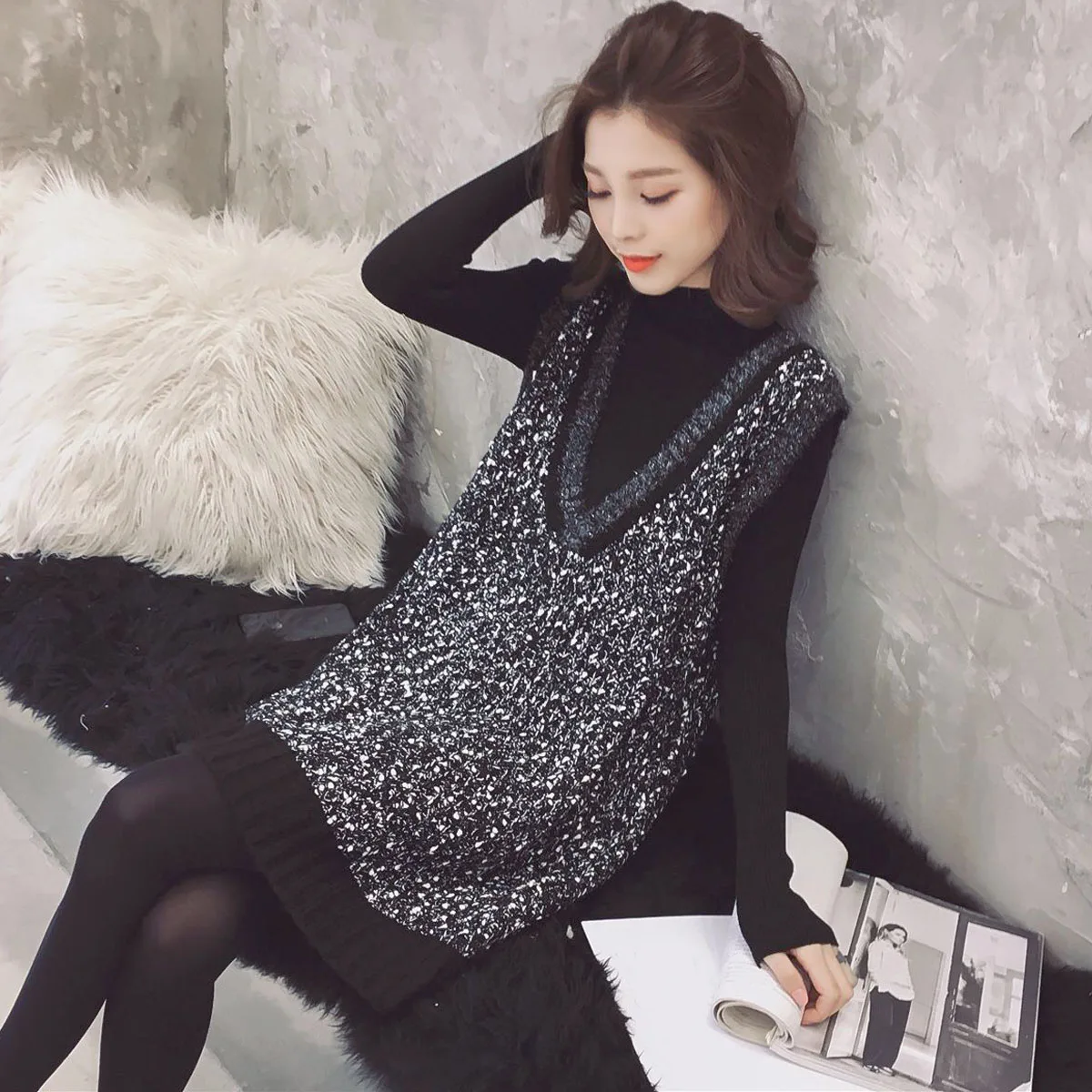 

Spring Fall Fashion Sweet Ladies Women Patchwork Turtleneck 2 Pieces Knitted Sweater Dress , 2017 Loose Knit Dresses For Woman