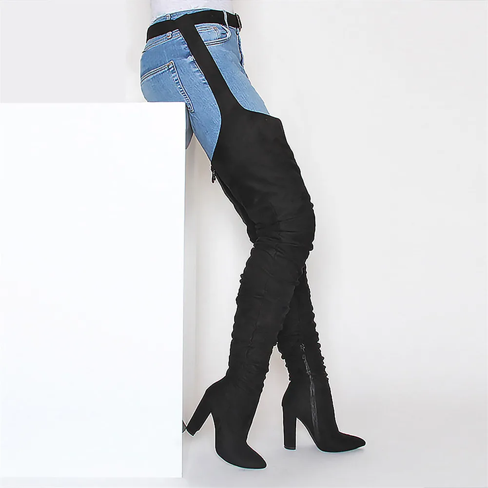 SARAIRIS/Новинка; модные ботинки из флока на высоком квадратном каблуке; ботинки с ремешком и пряжкой; однотонная обувь с ремешком; женские повседневные модные ботинки с острым носком - Цвет: Черный