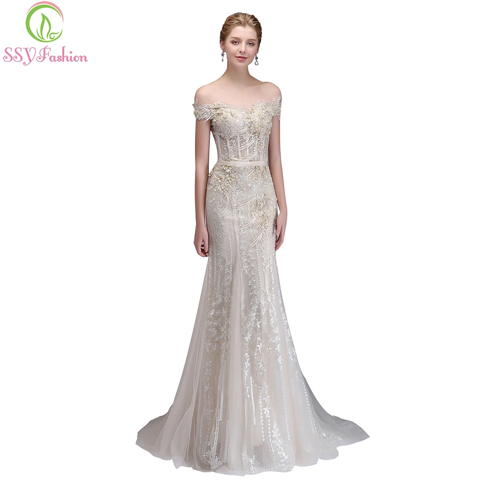 

SSYFashion New High-end Banquet Elegant Champagne Mermaid Evening Dress Luxury Lace Appliques Beading Fishtail Prom Pary Gown