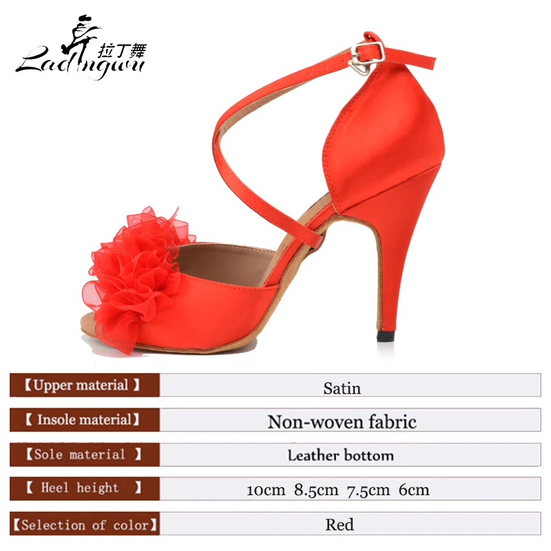 Ladingwu New Ballroom Party Dance Shoes Women Satin Red Soft Bottom Latin Dance Shoes Woman Salsa  Heel 6/7.5/8.5/10cm