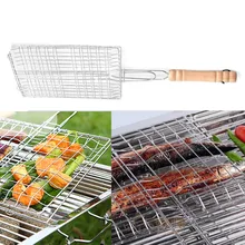 2016 Free Shipping Useful BBQ Barbecue Fish Grilling Basket Roast Meat Fish Vegetable BBQ Tool with Wooden Handle