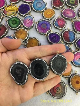 

5pcs Black Sun Flower Druzy Connectors Crafts Bracelet,Solar Quartz Drusy Crystals with Rhinestones Slab Slice Stone Charm HSC07