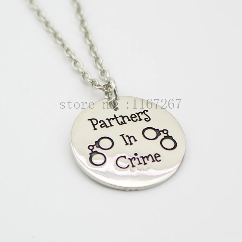 

2015 New style"partners in crime " silver Round pendant Necklace women Jewelry