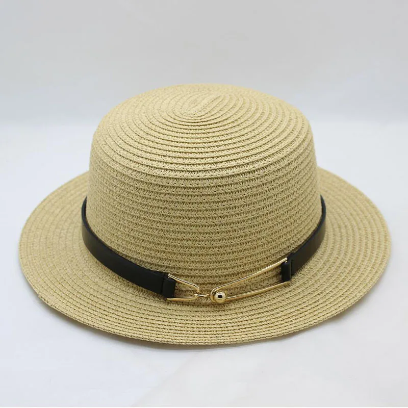 BINGYUANHAOXUAN,, летняя женская шляпа для путешествий, дикая, чистый цвет, шляпа от солнца, модная, с пряжкой, с металлическим плоским верхом, женская соломенная шляпа - Цвет: beige