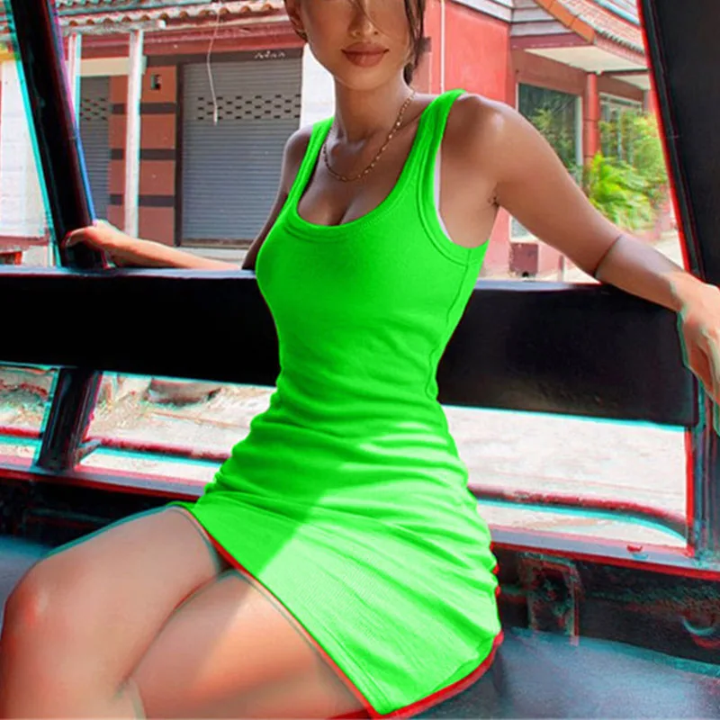 

Nadafair Neon Tank Summer Dress 2019 Streetwear Sleeveless Ribber Mini Bodycon Dresses Wrap Sexy Club Party Dresses Female