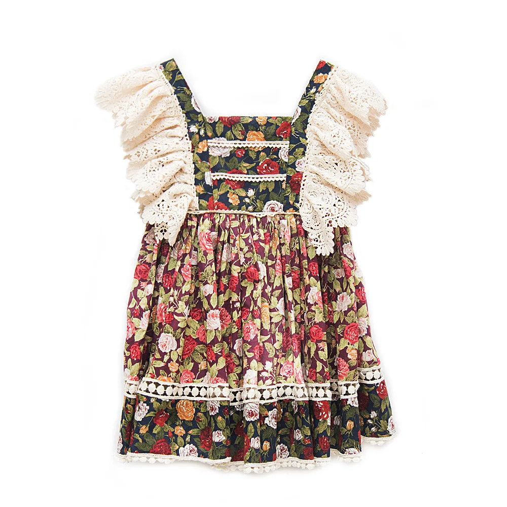 

Sweet Kids Girls Lace Print Flowers Princess Ruffles Party Dress Summer Western Vintage Fashion Patchwork Dress