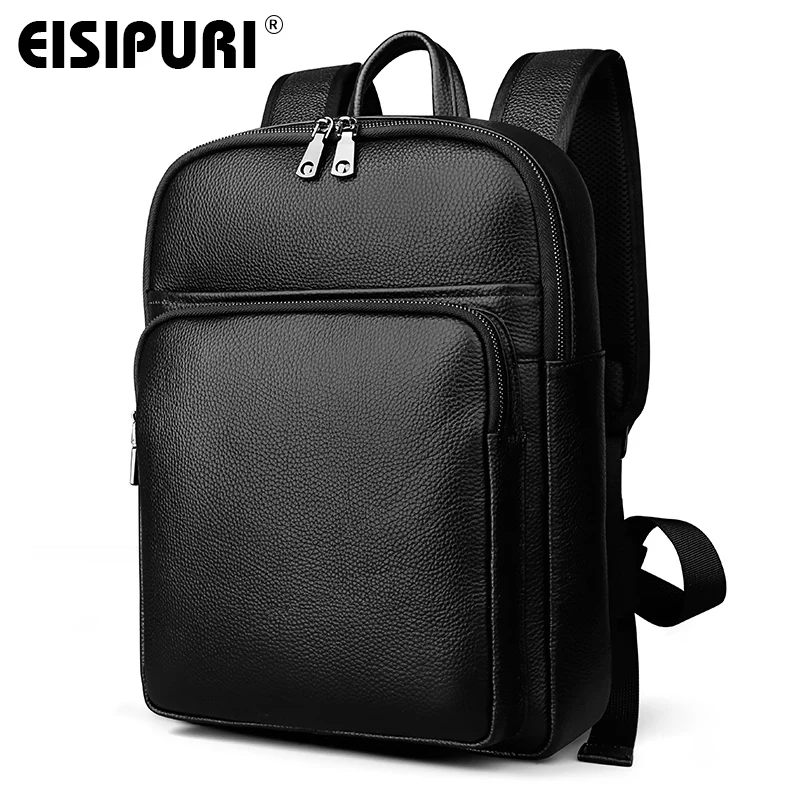 

EISIPURI Luxury Brand Genuine Cow Leather Unisex Backpacks High Quality Solid Color Laptop Bag Large Capacity Men's Travel Bag