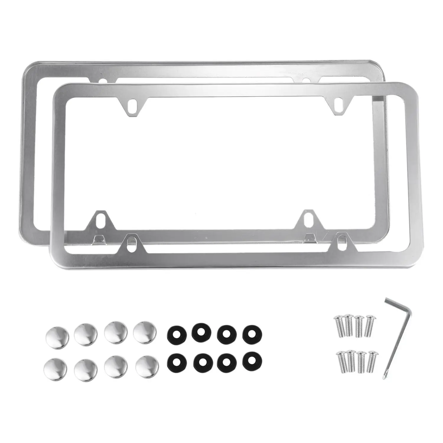 

Silver Aluminum alloy License Plate Frame 2 Pieces with Screw Caps 4 Holes