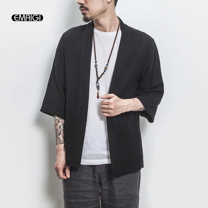 En Ligne Été Nouveau Hommes Mode Casual Coton Lin Cardigan Chemise Mâle Japon Style Kimono Chemise Veste Taille M 5XL
