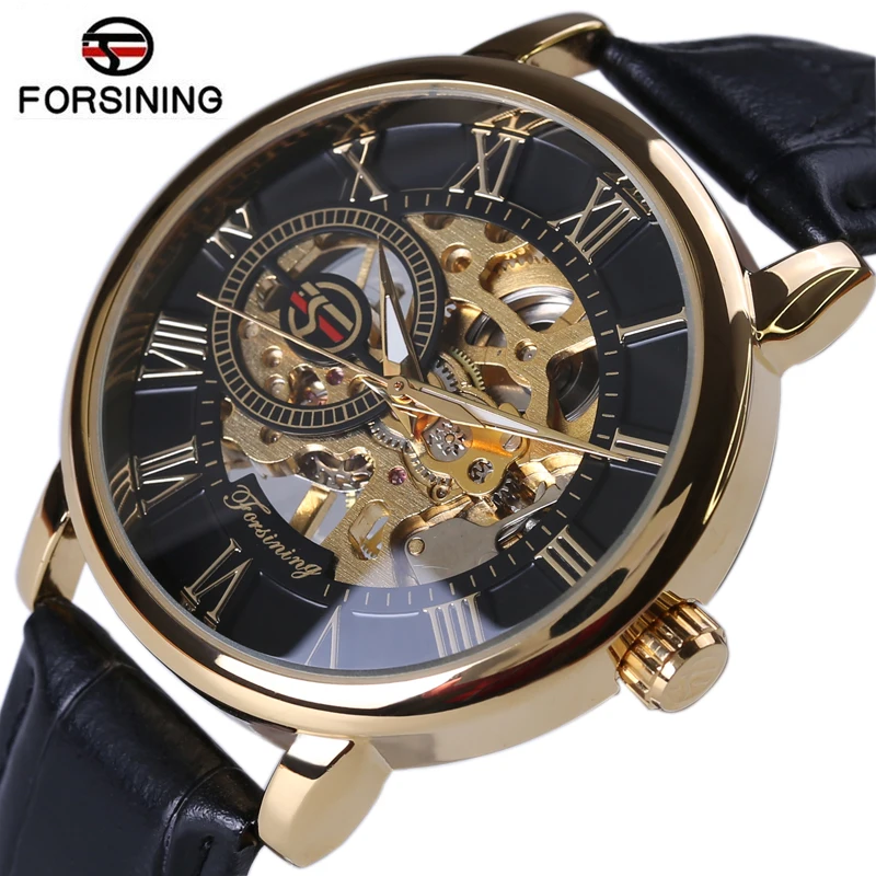 Forsining 3d Logo Design Hollow Engraving Black Gold Case Leather Skeleton Mechanical Watches Heren Horloge Men