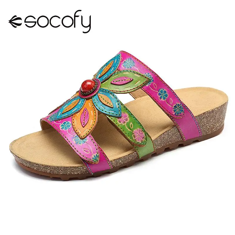 

SOCOFY Super Comfy Retro Flowers Pattern Genuine Leather Adjustable Hook Loop Sandals Elegant Shoes Women Summer Shoes 2019