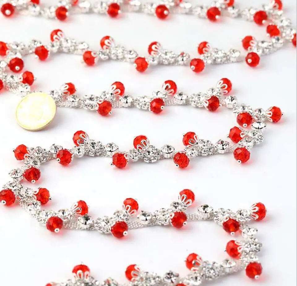 

1 Yard A Grade Sparkle Clear Rhinestones Beads + Red Glass Crystals Crown Cap Ribbon Trim Lace For Sewing Wedding Dress Craft