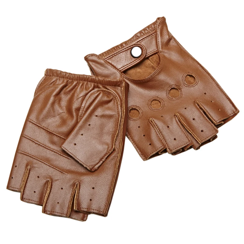 Half-Finger Genuine Leather Gloves Male Autumn Winter Driving Non-Slip Fitness Semi-Fingers Goatskin Leather Gloves For Man NAN7