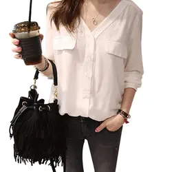 Модная женская Свободная винтажная шифоновая блузка с длинным рукавом, однотонные блузы, топы и блузки, Офисная Женская Одежда Harajuku