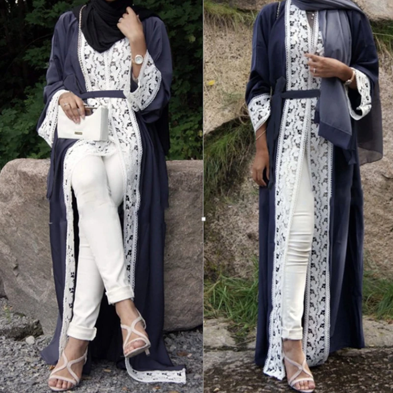 

Elegant Muslim Woman Abaya Dress Lace Cardigan Long Robes Kimono Jubah Ramadan Arabic Dubai Turkish Thobe Islamic Prayer Clothes