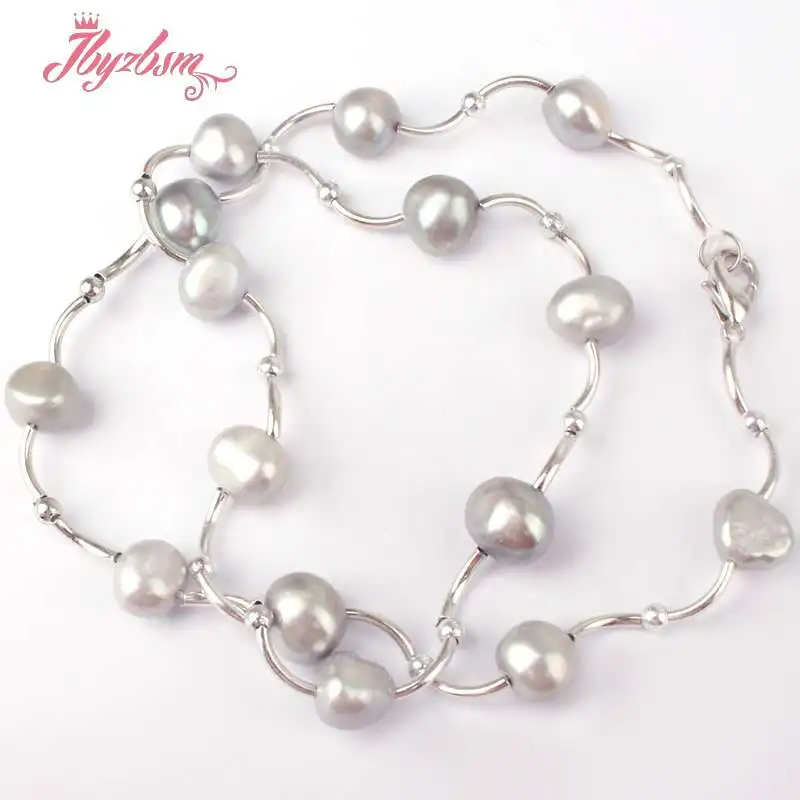 Free Shpping 6-8mm Natural Freeform Shape Cultured Pearl Gem Stone Beads White Silver Plated Fashoin Style Necklace 16 Inch