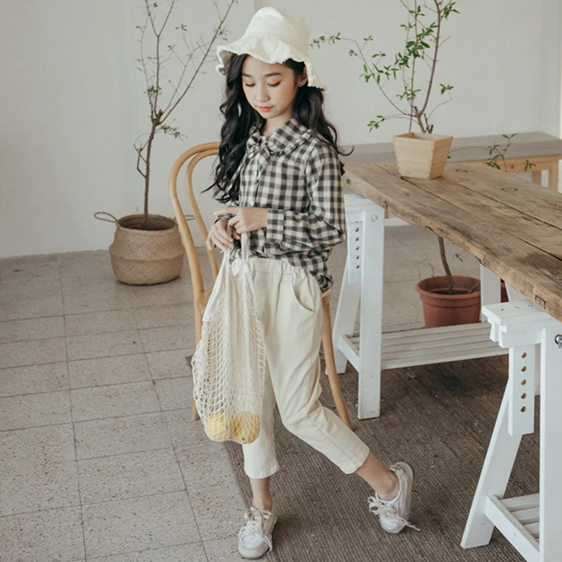 

Girls Suits Spring Teenagers Clothing Sets Children's Clothes Cotton Shirts Plaid Blouse Upper Garments+Pants Casual Trousers