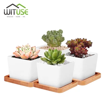 

WITUSE 4x White Square Ceramic succulent plants pots DIY Mini potted succulents Desktop plant pots +Bamboo Tray For Garden Decor