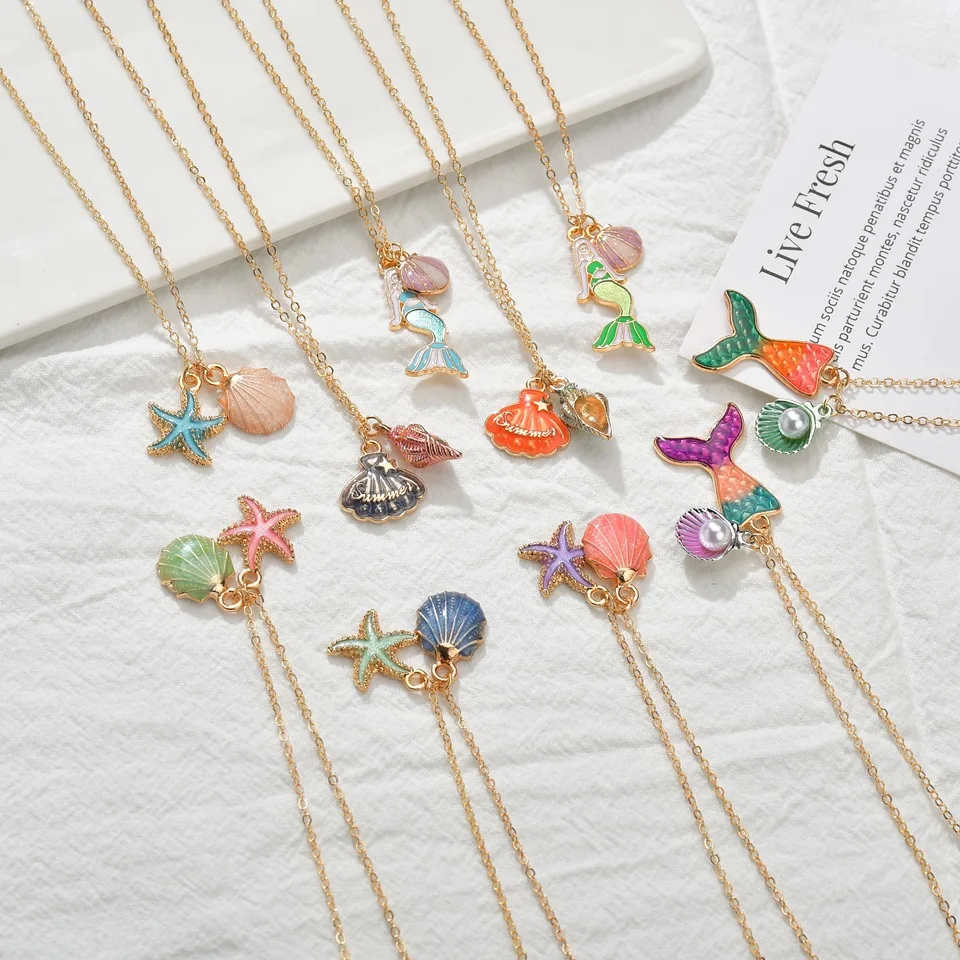 

Bohemian Double Meimaid Tail Pendant Necklaces for Women Vintage Colorful Shell Starfish Summer Beach Charm Choker Necklaces