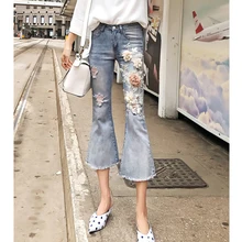Вышитые цветочные рваные джинсы женские синие винтажные женские джинсы узкие брюки средней талии до середины икры женские высокие уличные